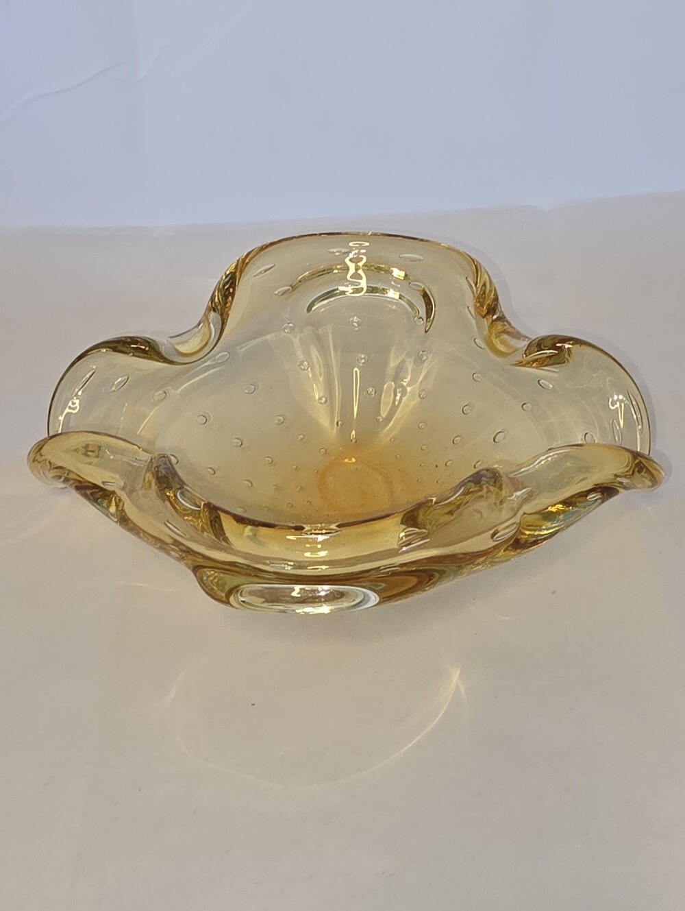 Vintage Murano Glass Yellow/Gold Folded Bowl with Controlled bubbles
